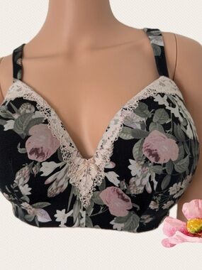 Cacique Black Floral Soft-Cup Bra with Pink Roses and Cream Lace